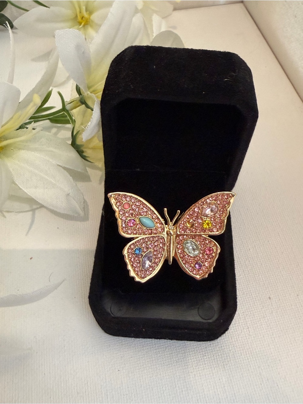 Kurt Geiger Gold Butterfly Large Ring with Pink and Blue Accents Sz 8 New